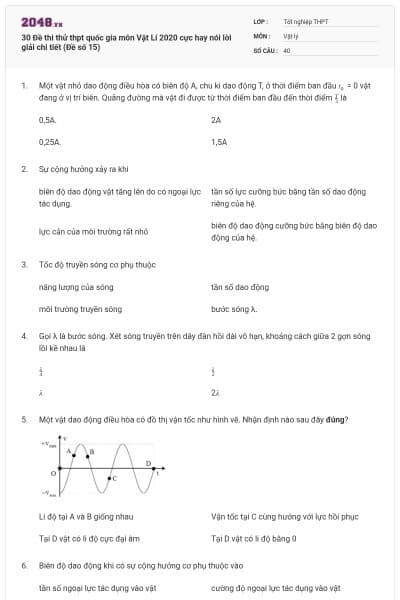 30 Đề thi thử thpt quốc gia môn Vật Lí 2020 cực hay nói lời giải chi tiết (Đề số 15)