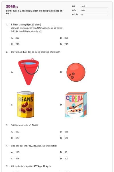 Đề thi cuối kì 2 Toán lớp 2 Chân trời sáng tạo có đáp án - Đề 1