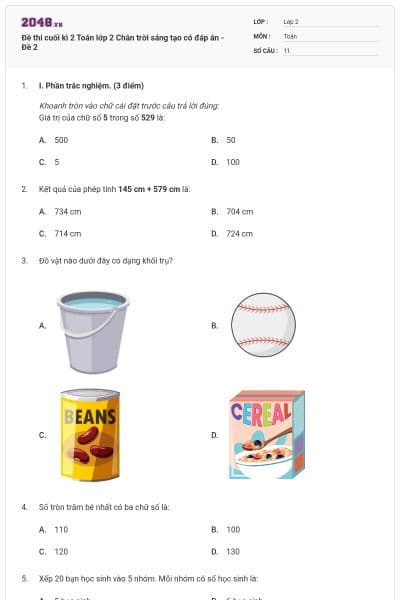 Đề thi cuối kì 2 Toán lớp 2 Chân trời sáng tạo có đáp án - Đề 2