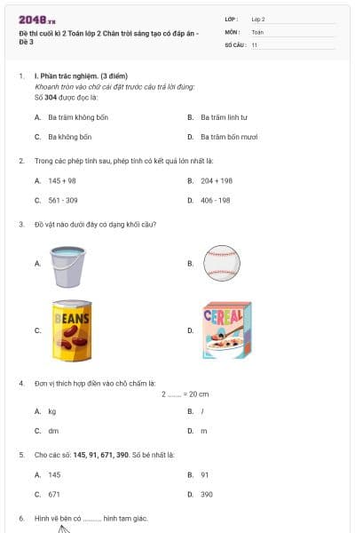 Đề thi cuối kì 2 Toán lớp 2 Chân trời sáng tạo có đáp án - Đề 3