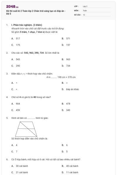 Đề thi cuối kì 2 Toán lớp 2 Chân trời sáng tạo có đáp án - Đề 5