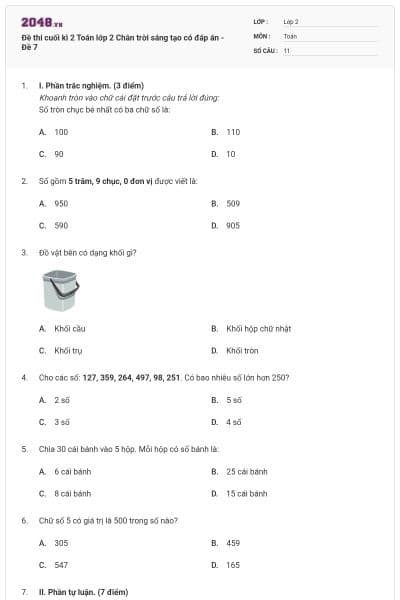 Đề thi cuối kì 2 Toán lớp 2 Chân trời sáng tạo có đáp án - Đề 7