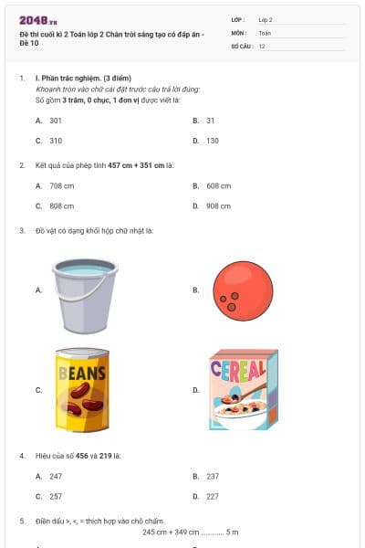 Đề thi cuối kì 2 Toán lớp 2 Chân trời sáng tạo có đáp án - Đề 10