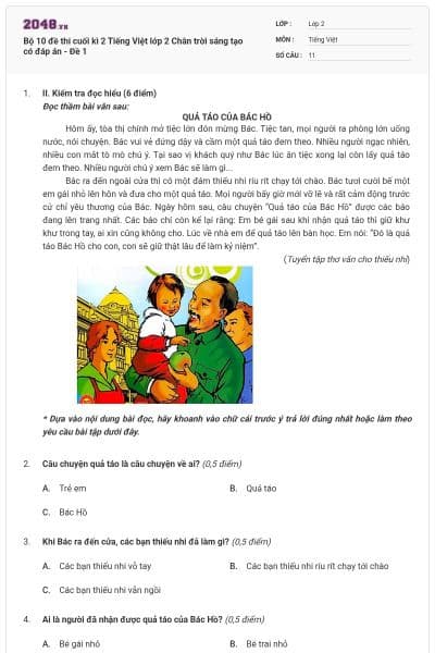 Bộ 10 đề thi cuối kì 2 Tiếng Việt lớp 2 Chân trời sáng tạo có đáp án - Đề 1