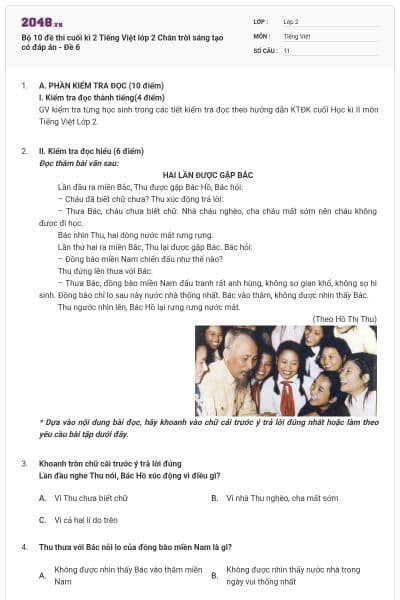 Bộ 10 đề thi cuối kì 2 Tiếng Việt lớp 2 Chân trời sáng tạo có đáp án - Đề 6