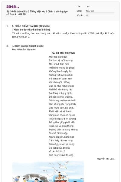 Bộ 10 đề thi cuối kì 2 Tiếng Việt lớp 2 Chân trời sáng tạo có đáp án - Đề 10