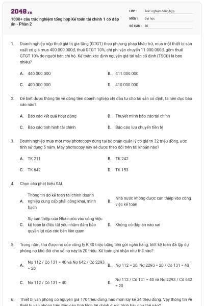 1000+ câu trắc nghiệm tổng hợp Kế toán tài chính 1 có đáp án - Phần 2