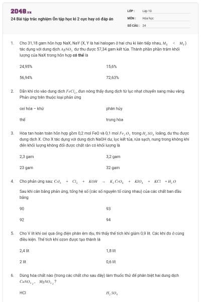 24 Bài tập trắc nghiệm Ôn tập học kì 2 cực hay có đáp án