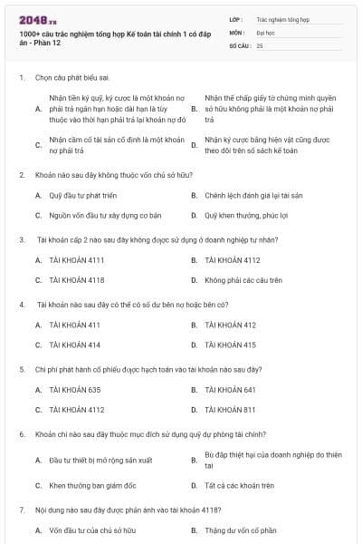 1000+ câu trắc nghiệm tổng hợp Kế toán tài chính 1 có đáp án - Phần 12