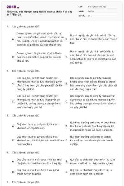 1000+ câu trắc nghiệm tổng hợp Kế toán tài chính 1 có đáp án - Phần 25