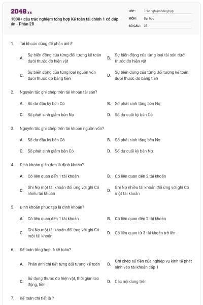 1000+ câu trắc nghiệm tổng hợp Kế toán tài chính 1 có đáp án - Phần 28