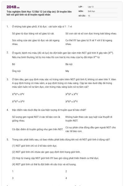 Trắc nghiệm Sinh Học 12 Bài 12 (có đáp án): Di truyền liên kết với giới tính và di truyền ngoài nhân
