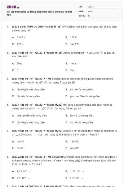 Bài tập Đại cương về Dòng điện xoay chiều trong đề thi Đại học