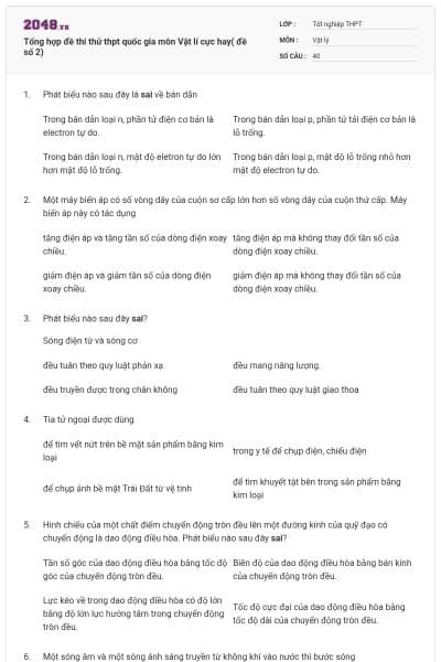 Tổng hợp đề thi thử thpt quốc gia môn Vật lí cực hay( đề số 2)