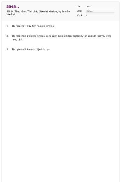 Bài 24: Thực hành: Tính chất, điều chế kim loại, sự ăn mòn kim loại