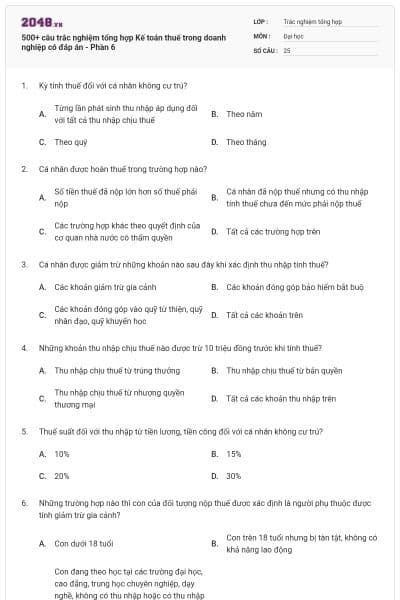 500+ câu trắc nghiệm tổng hợp Kế toán thuế trong doanh nghiệp có đáp án - Phần 6