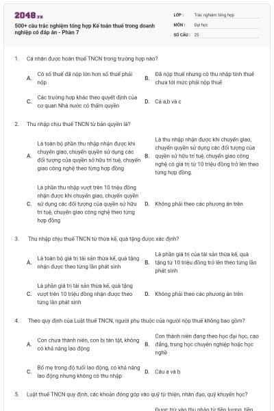 500+ câu trắc nghiệm tổng hợp Kế toán thuế trong doanh nghiệp có đáp án - Phần 7