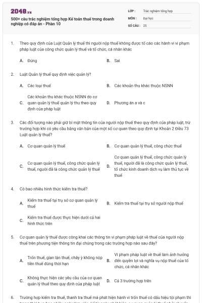 500+ câu trắc nghiệm tổng hợp Kế toán thuế trong doanh nghiệp có đáp án - Phần 10