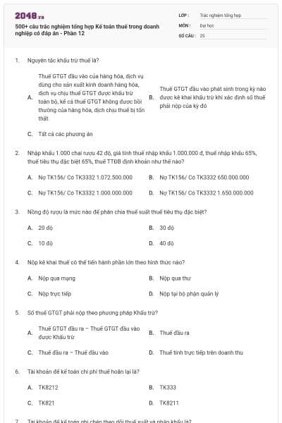 500+ câu trắc nghiệm tổng hợp Kế toán thuế trong doanh nghiệp có đáp án - Phần 12