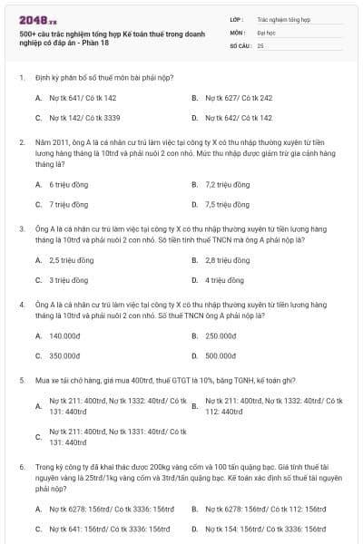 500+ câu trắc nghiệm tổng hợp Kế toán thuế trong doanh nghiệp có đáp án - Phần 18