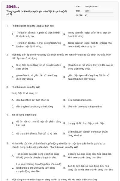 Tổng hợp đề thi thử thpt quốc gia môn Vật lí cực hay( đề số 2)