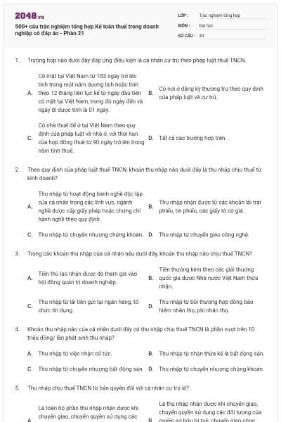 500+ câu trắc nghiệm tổng hợp Kế toán thuế trong doanh nghiệp có đáp án - Phần 21