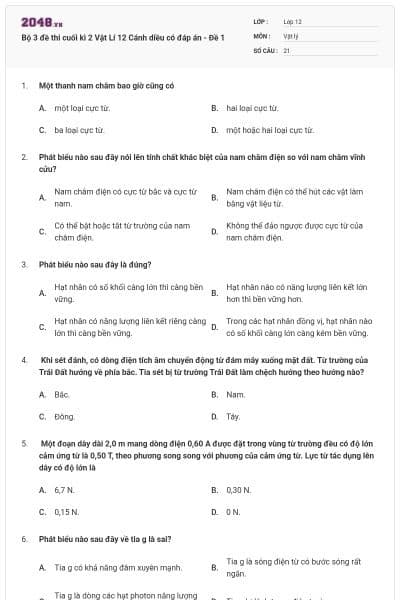 Bộ 3 đề thi cuối kì 2 Vật Lí 12 Cánh diều có đáp án - Đề 1
