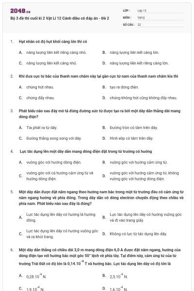 Bộ 3 đề thi cuối kì 2 Vật Lí 12 Cánh diều có đáp án - Đề 2