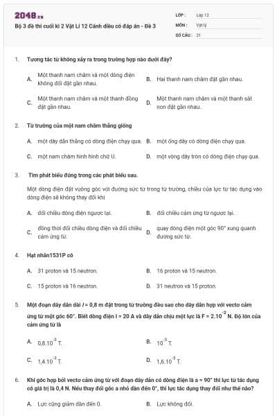 Bộ 3 đề thi cuối kì 2 Vật Lí 12 Cánh diều có đáp án - Đề 3