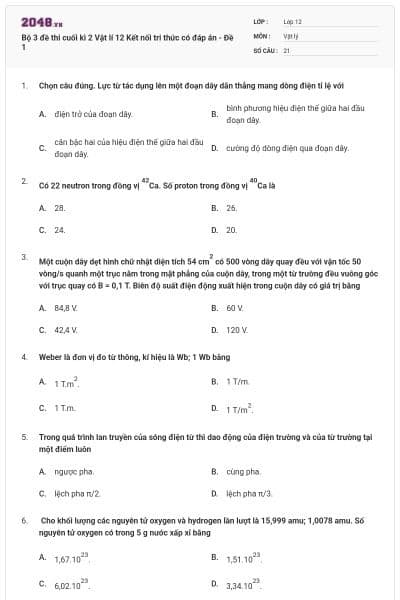 Bộ 3 đề thi cuối kì 2 Vật lí 12 Kết nối tri thức có đáp án - Đề 1