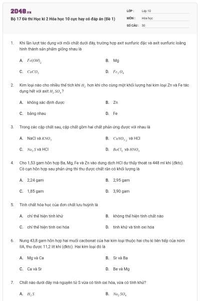 Bộ 17 Đề thi Học kì 2 Hóa học 10 cực hay có đáp án (Đề 1)