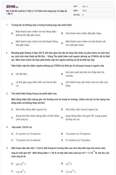 Bộ 3 đề thi cuối kì 2 Vật Lí 12 Chân trời sáng tạo có đáp án - Đề 3