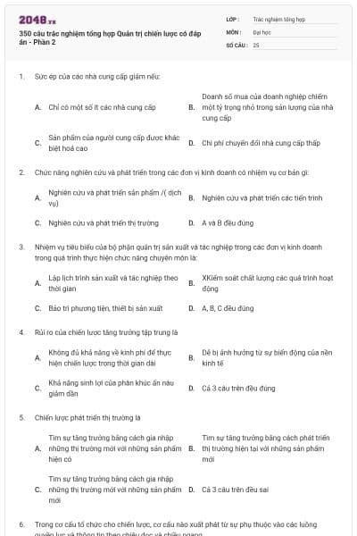 350 câu trắc nghiệm tổng hợp Quản trị chiến lược có đáp án - Phần 2
