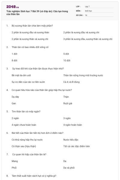 Trắc nghiệm Sinh học 7 Bài 39 (có đáp án): Cấu tạo trong của thằn lằn