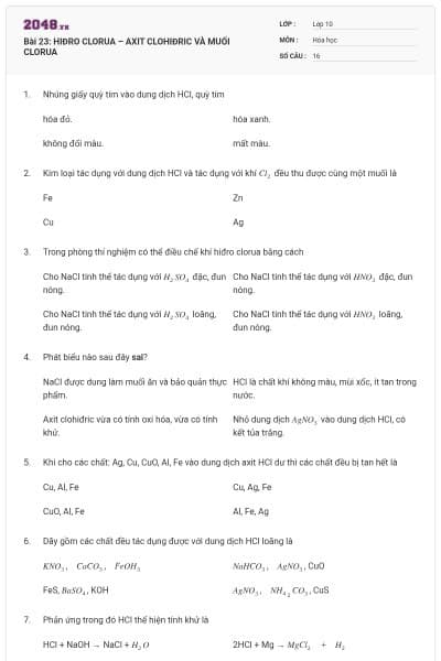 Bài 23: HIĐRO CLORUA – AXIT CLOHIĐRIC VÀ MUỐI CLORUA
