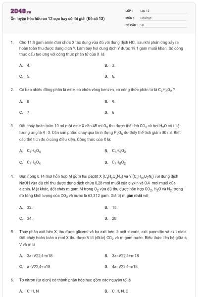 Ôn luyện hóa hữu cơ 12 cực hay có lời giải (Đề số 13)