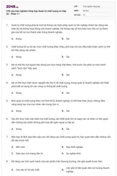 220 câu trắc nghiệm tổng hợp Quản trị chất lượng có đáp án - Phần 11