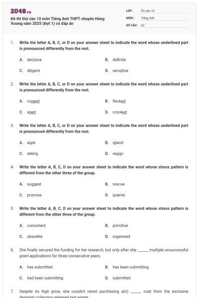 Đề thi thử vào 10 môn Tiếng Anh THPT chuyên Hùng Vương năm 2025 (Đợt 1) có đáp án