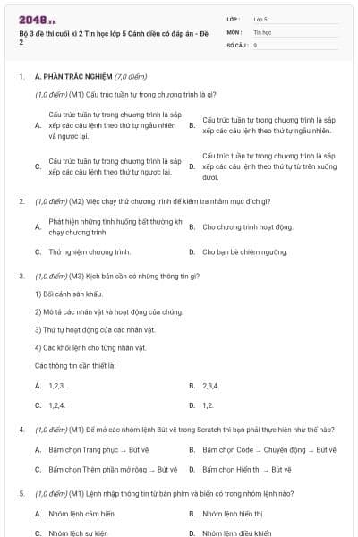 Bộ 3 đề thi cuối kì 2 Tin học lớp 5 Cánh diều có đáp án - Đề 2