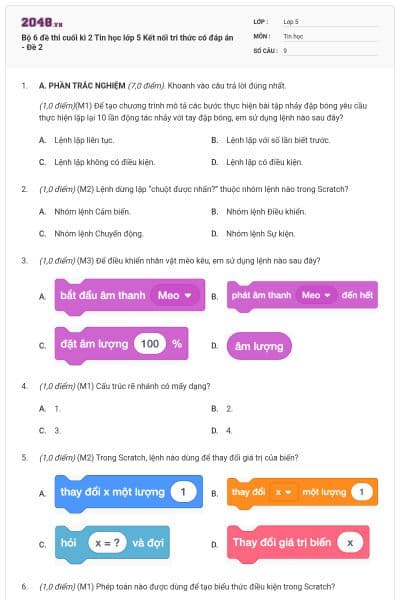 Bộ 6 đề thi cuối kì 2 Tin học lớp 5 Kết nối tri thức có đáp án - Đề 2