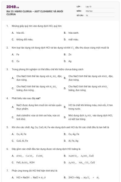 Bài 23: HIĐRO CLORUA – AXIT CLOHIĐRIC VÀ MUỐI CLORUA