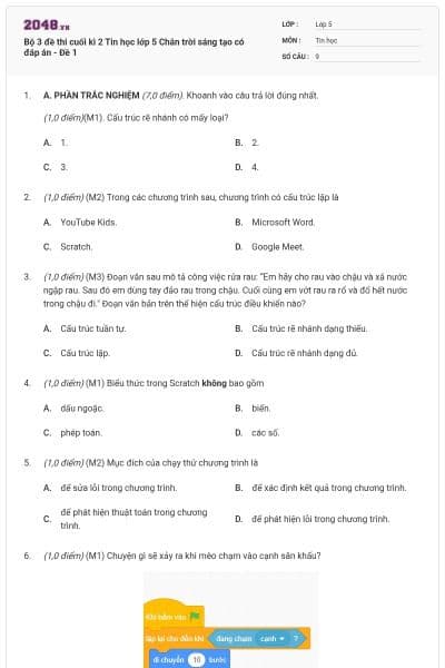 Bộ 3 đề thi cuối kì 2 Tin học lớp 5 Chân trời sáng tạo có đáp án - Đề 1