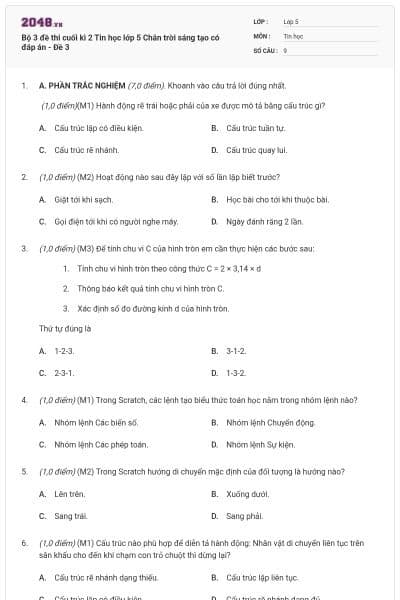 Bộ 3 đề thi cuối kì 2 Tin học lớp 5 Chân trời sáng tạo có đáp án - Đề 3