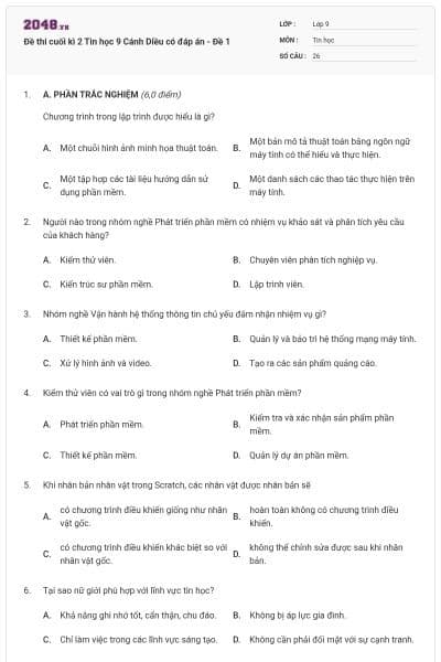 Đề thi cuối kì 2 Tin học 9 Cánh Diều có đáp án - Đề 1