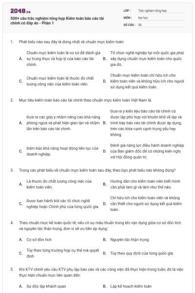 500+ câu trắc nghiệm tổng hợp Kiểm toán báo cáo tài chính có đáp án - Phần 1