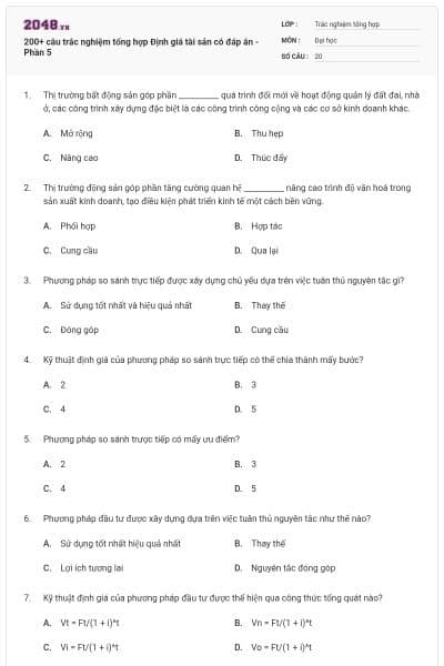 200+ câu trắc nghiệm tổng hợp Định giá tài sản có đáp án - Phần 5