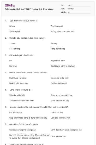 Trắc nghiệm Sinh học 7 Bài 41 (có đáp án): Chim bồ câu