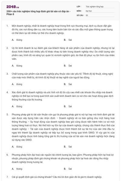 200+ câu trắc nghiệm tổng hợp Định giá tài sản có đáp án - Phần 8