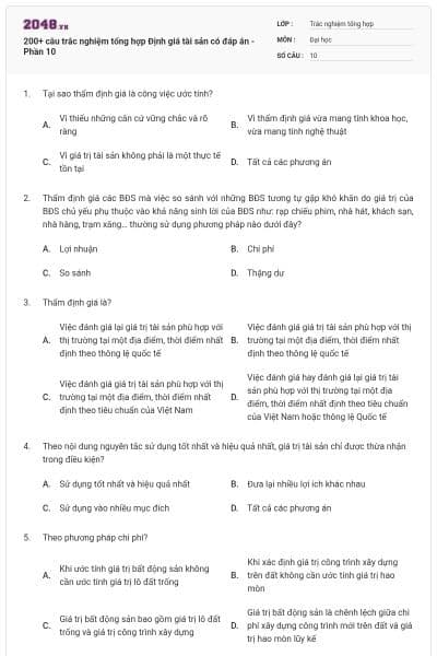 200+ câu trắc nghiệm tổng hợp Định giá tài sản có đáp án - Phần 10