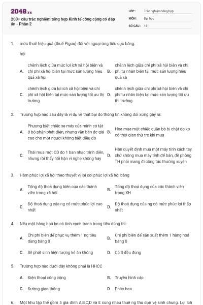 200+ câu trắc nghiệm tổng hợp Kinh tế công cộng có đáp án - Phần 2